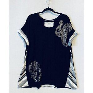 Chicos Zenergy Top Womens XL Black Cotton Modal Silver Paisley Knit Stretch Boho